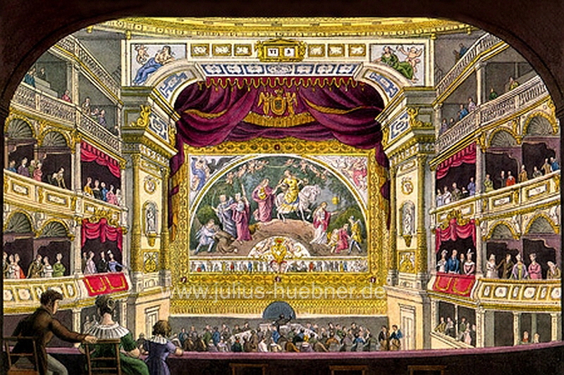 Innenraum 1. Königliches Hoftheater, mit dem Theatervorhang von Julius Hübner | Postkarte um 1842 nach einer kolorierten Radierung von Johann Carl August Richter (1785-1853)